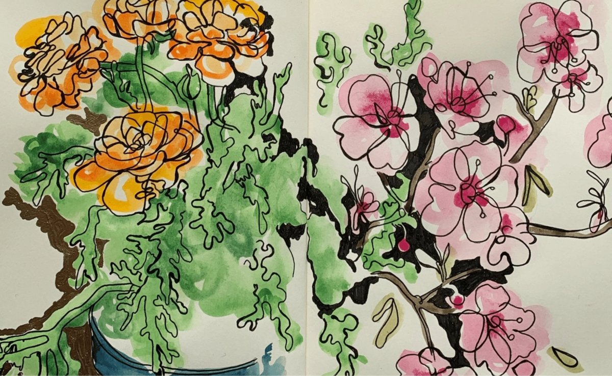 Painting orange peonies and cherry blossoms in watercolour - Royal Talens