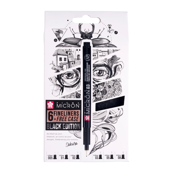 Sakura Pigma Micron Black Edition set + gratis etui | 6 pennen, zwart