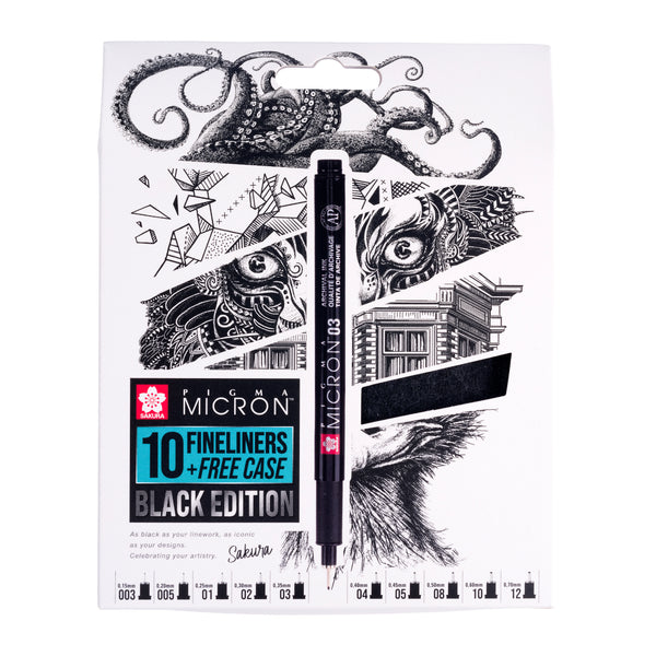 Sakura Pigma Micron Black Edition set + gratis etui | 10 pennen, zwart