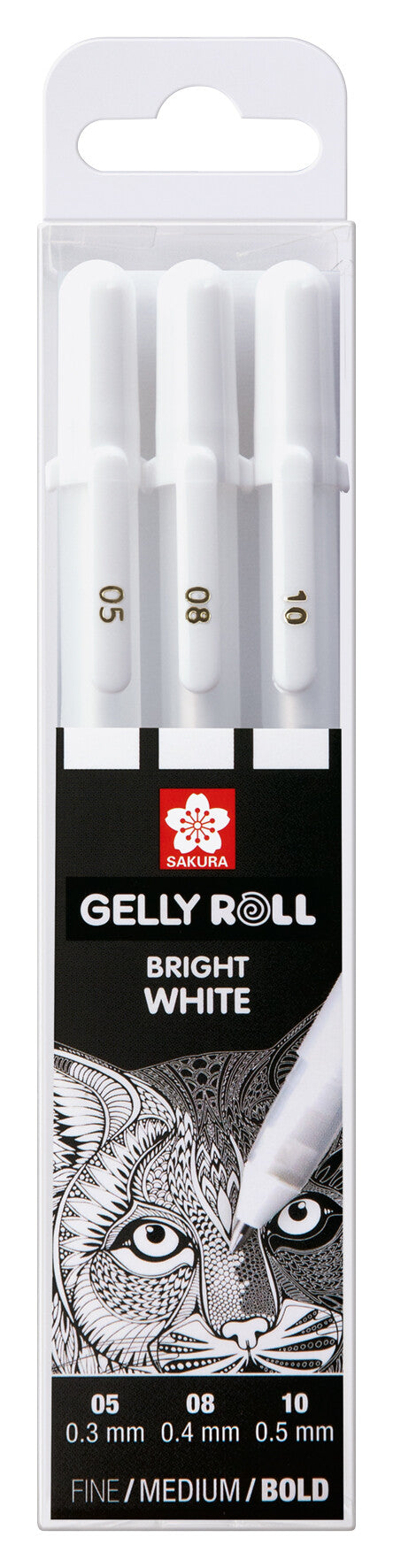 Sakura Estuche básico de 3 bolígrafos de gel blanco brillante fino/medio/grueso