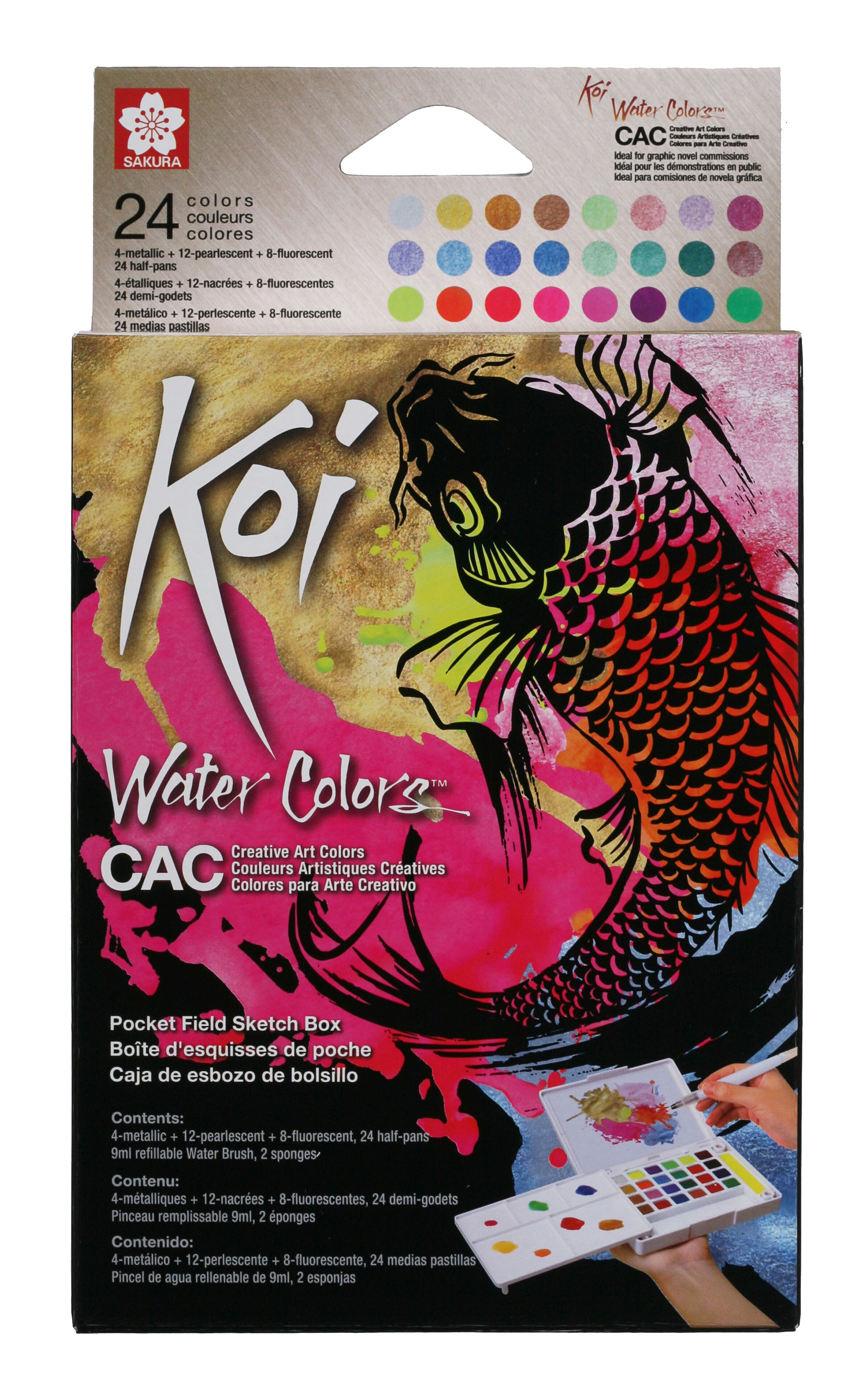 Sakura Koi Watercolor - Pocket Field Sketch Box 18 Half Pans - Vivid Watercolor Paint Set with Brush & Mixing Palette