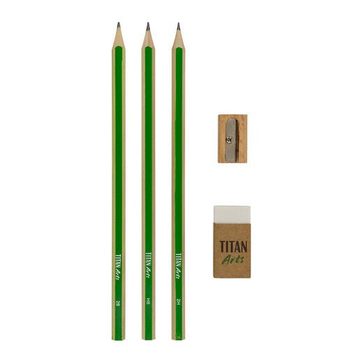 TITAN Arts 3 Graphite Pencils (HB - 2H - 2B) + Eraser + Sharpener.