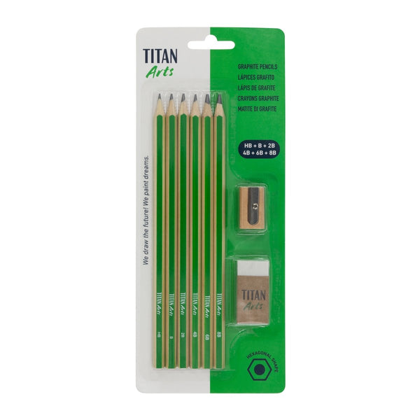 TITAN Arts 6 Graphite Pencils (HB - B - 2B - 4B - 6B - 8B) + Eraser + Sharpener