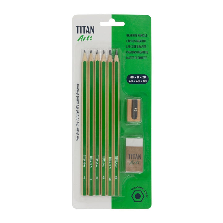 TITAN Arts 6 Graphite Pencils (HB - B - 2B - 4B - 6B - 8B) + Eraser + Sharpener