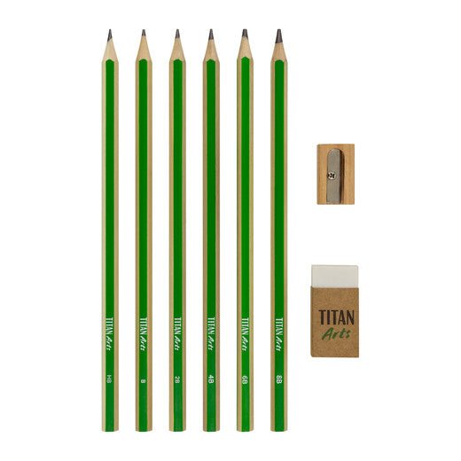TITAN Arts 6 Graphite Pencils (HB - B - 2B - 4B - 6B - 8B) + Eraser + Sharpener