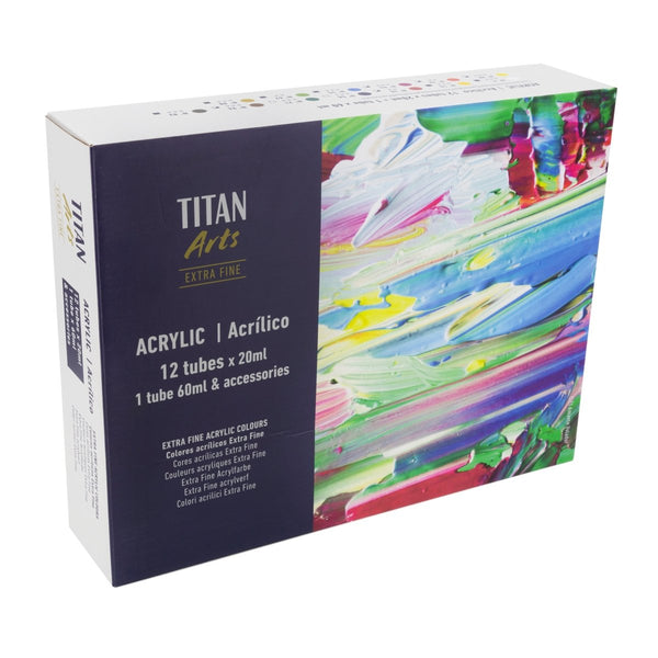 TITAN Arts Extra Fine Acrylic Paint Set in Wooden Box 20TA | 12 x 20ml + 1 x 60ml + accessories