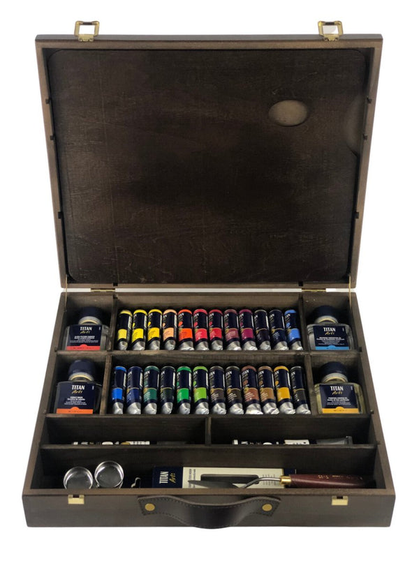 TITAN Arts Extra Fine Oil Paint Set in Wooden Box 20OL Premium | 24x20ml +2x60ml + accessories