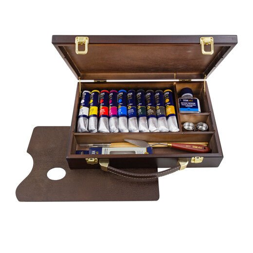 TITAN Arts Extra Fine Oil Paint Set in Wooden Box 60OL | 10 x 60 ml + accessories