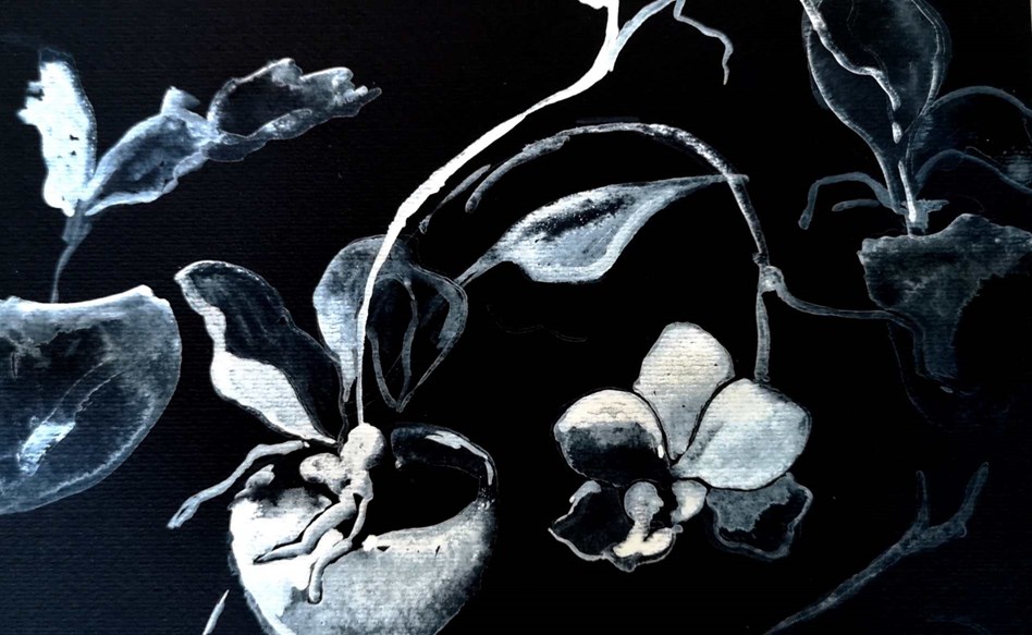 White ink flowers on black paper