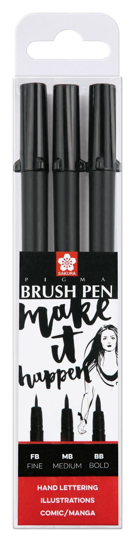 SAKURA Pigma Brush Black Set of 3 brush pens fine medium and bold 